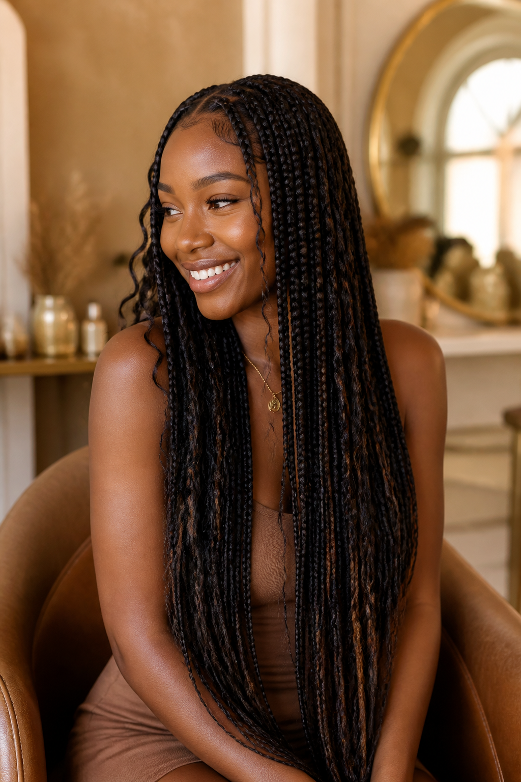 Boho knotless braids with soft curly tendrils