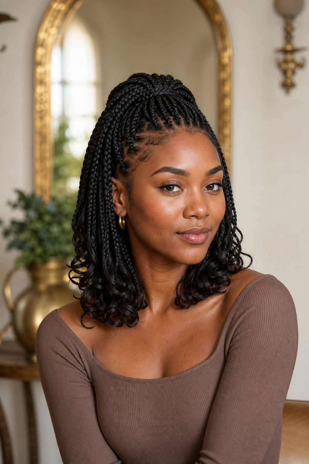 Medium box braids styled half-up