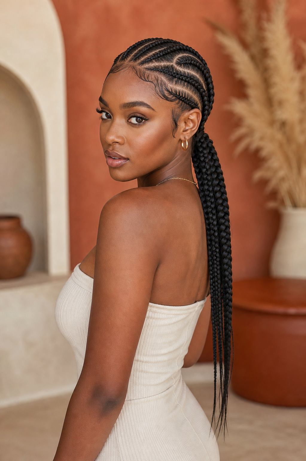 Geometric feed-in cornrows with a braided ponytail
