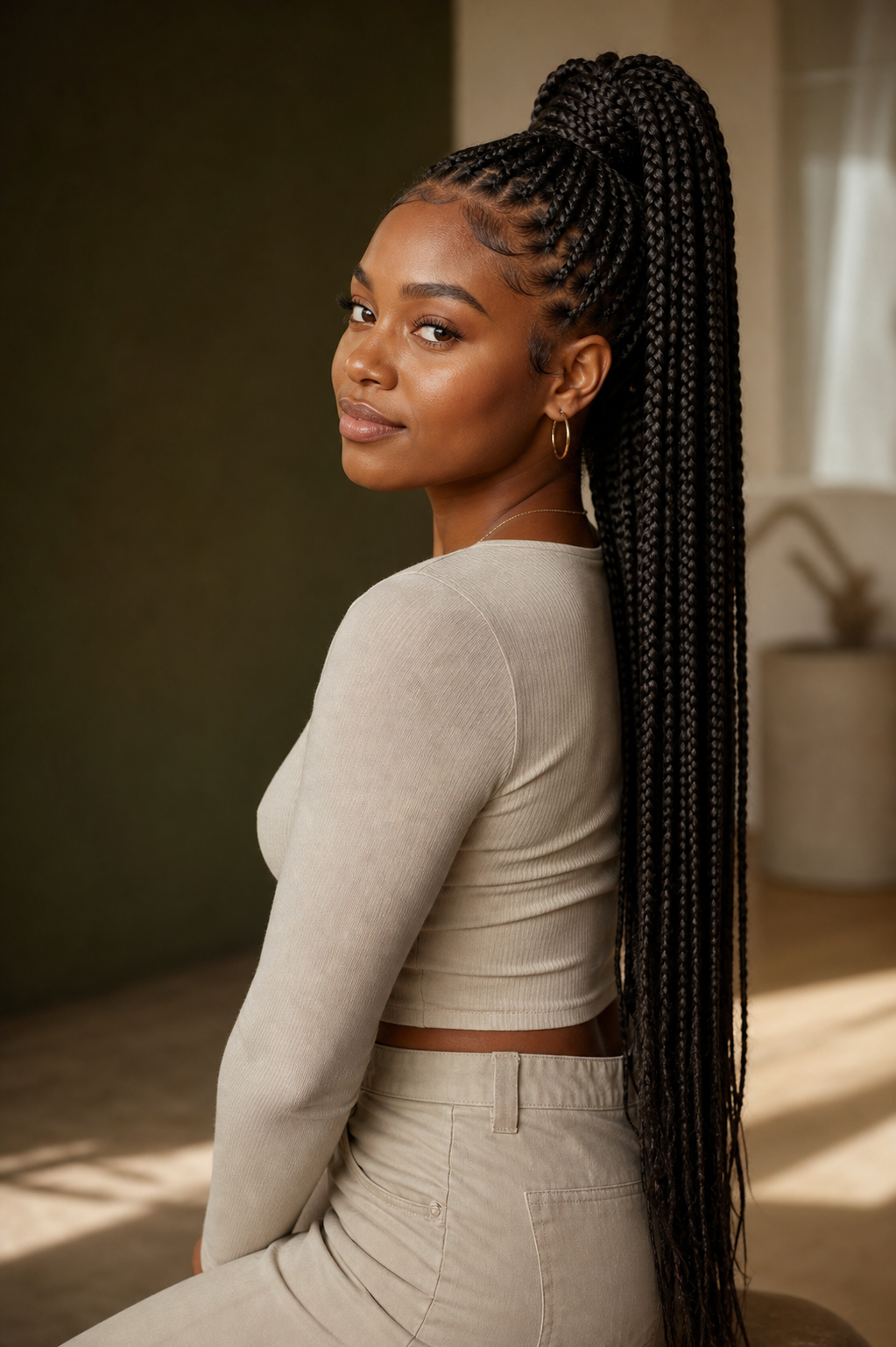 Large knotless braids in a high ponytail